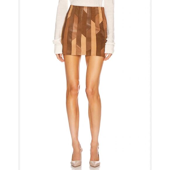 Frame Patchwork Mini Skirt Saddle Suede Leather Brown Tan Shirt Size 29 - Picture 2 of 12